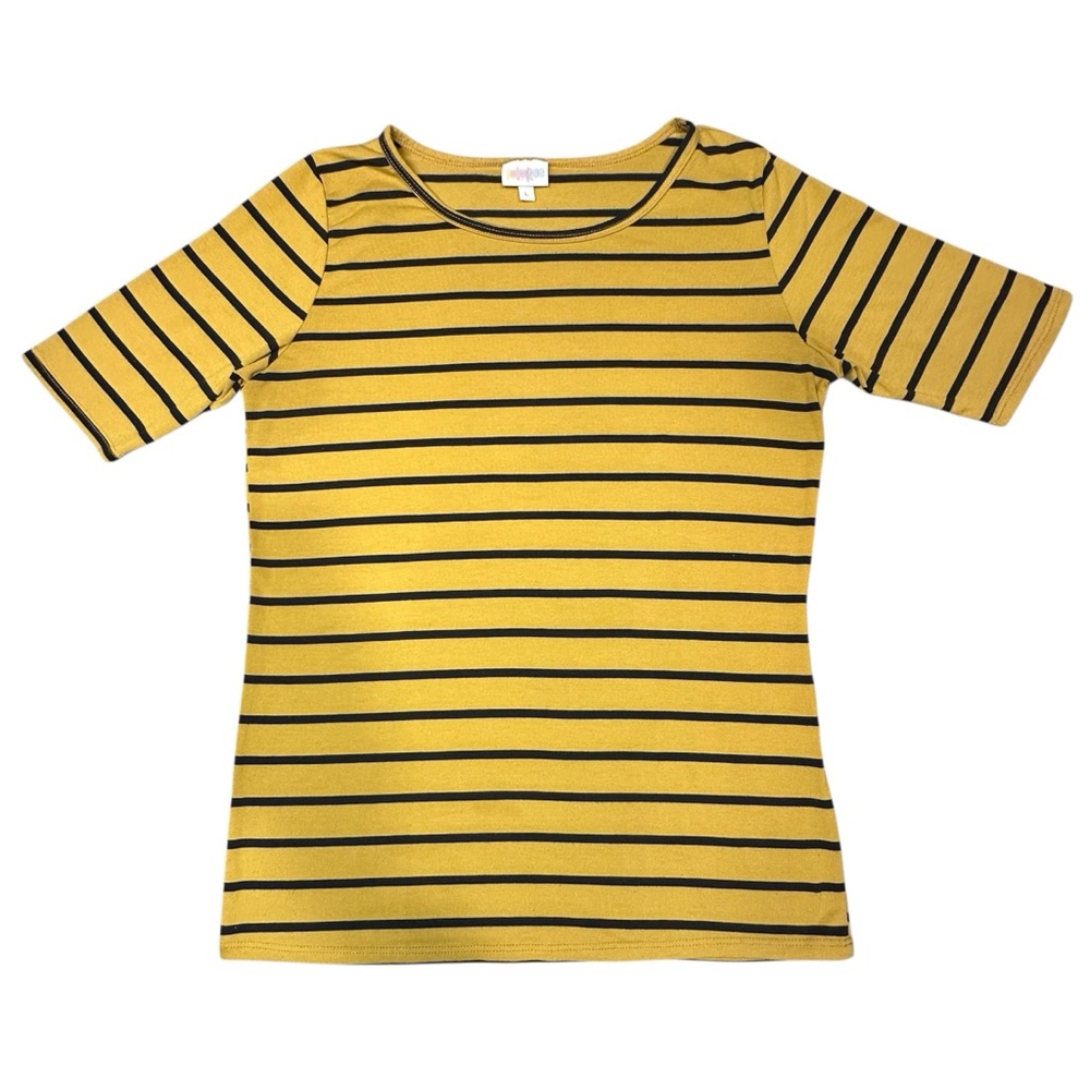 LuLaRoe Gigi Tee Large Yellow Black Striped Shirt Casual Stretch Top